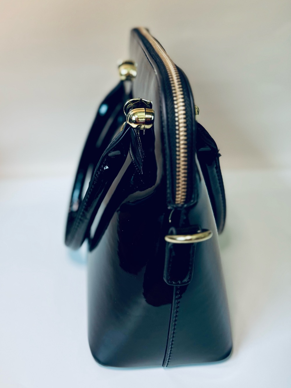 Unique Vintage NEW Black Patent Retro Top Handle Shoulder Bag w/ crossbody strap - Picture 3 of 14
